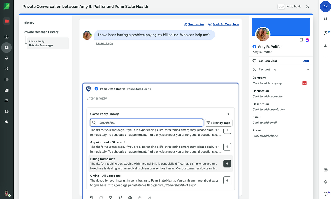 A screen displaying a private conversation between Penn State Health and a customer, including the private message history