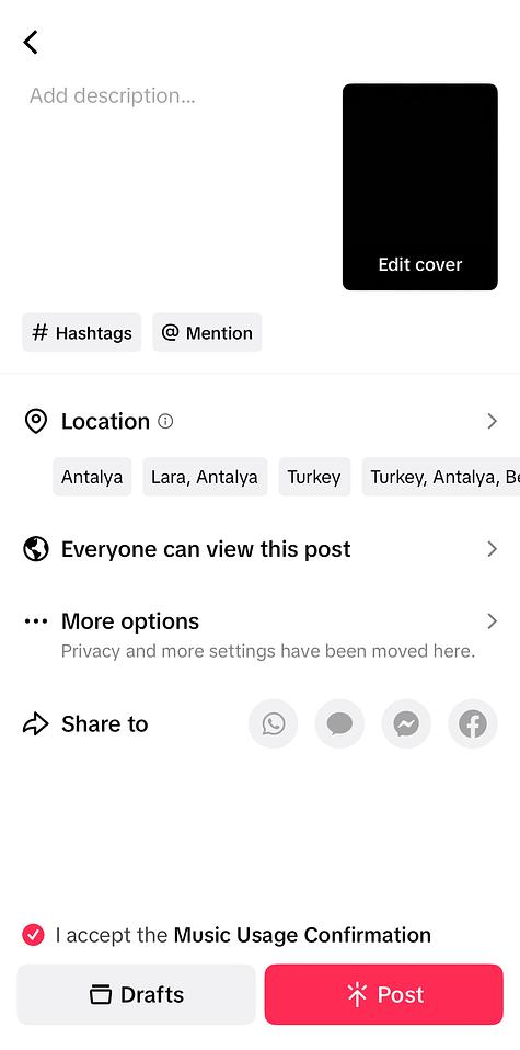 A screen showing TikTok Post Details with fields for description, hashtags, mentions and location.