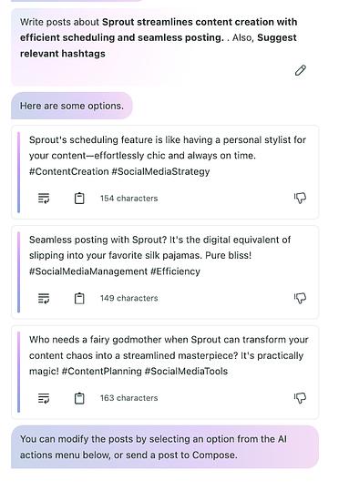 A screenshot of AI suggested posts and hashtags with different options from AI Assist.