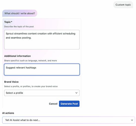 A screenshot showing using Sprout's AI Assist to generate hashtags.