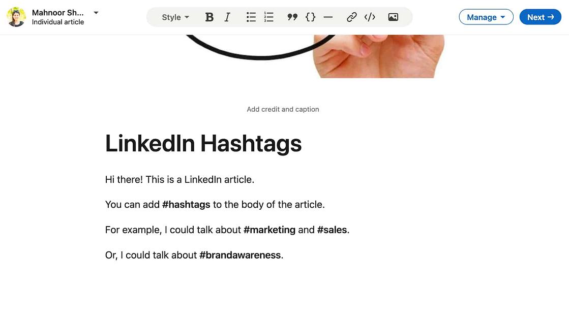Add hashtags to your LinkedIn articles for more reach