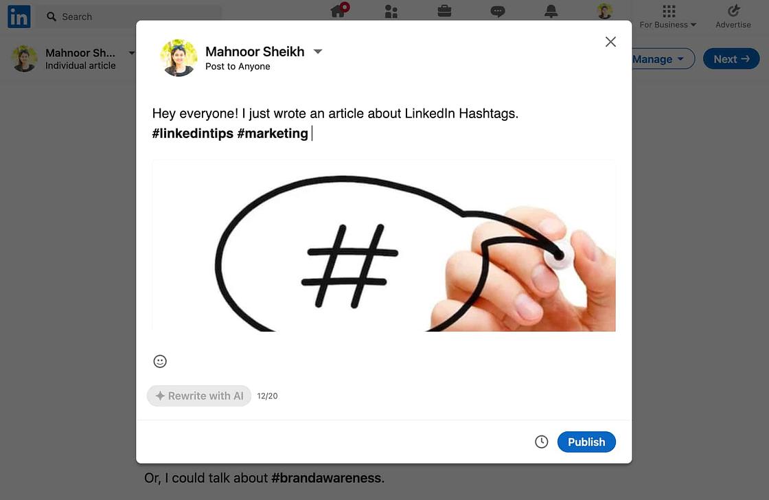 Add hashtags to your posts about articles
