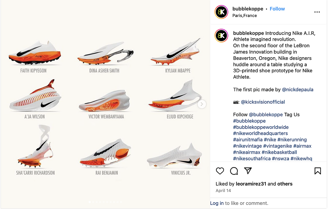 An Instagram post showing a personalized 3D-printed shoe.