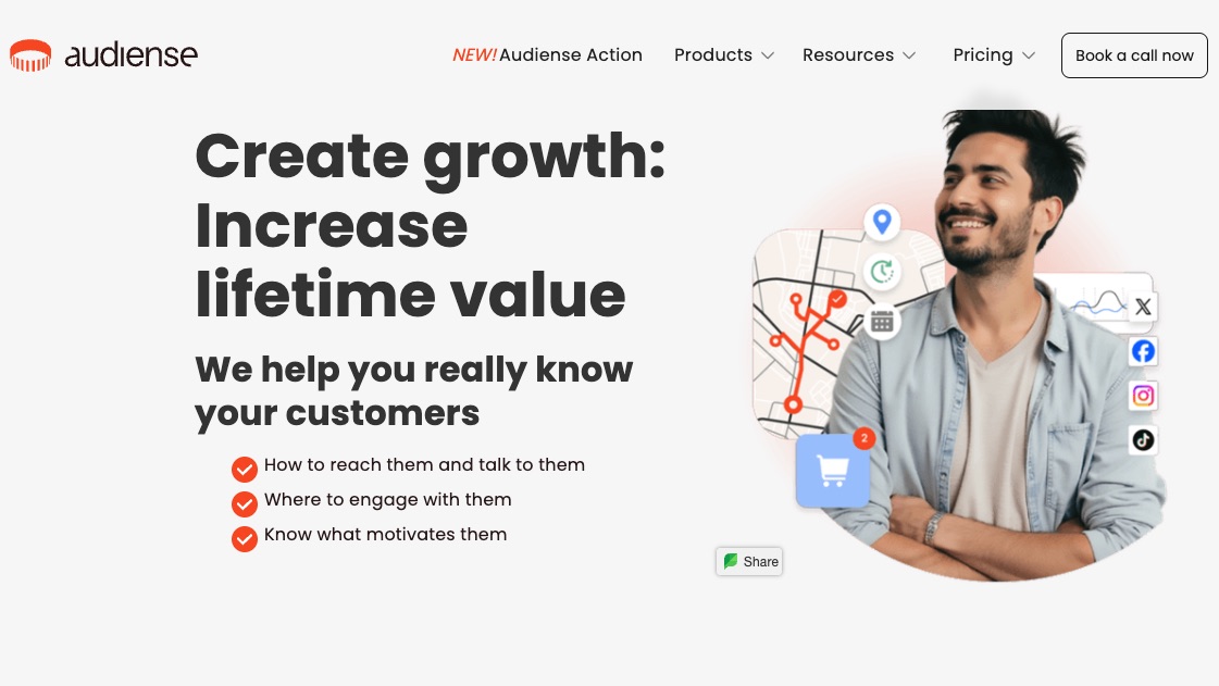 Audiense homepage highlighting its audience intelligence platform, featuring text on increasing customer lifetime value and icons representing audience insights and engagement.