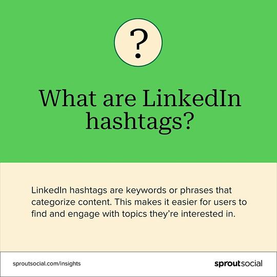 Card defining Linkedin Hashtags. It says "LinkedIn hashtags are keywords or phrases that categorize content. This makes it easier for users to find and engage with topics they are interested in."