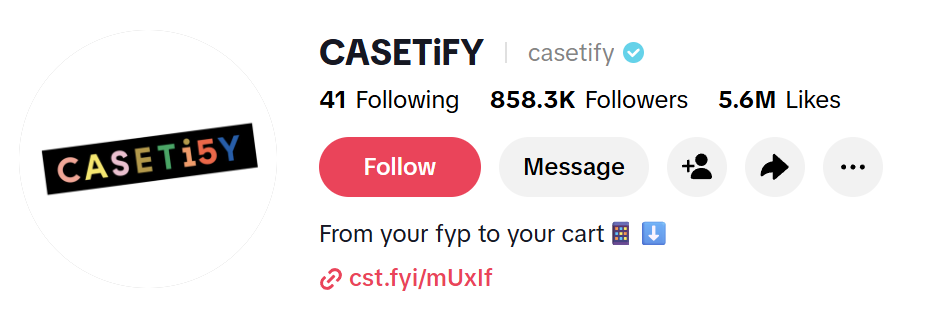 The Casetify TikTok account, which features an emoji in its CTA.