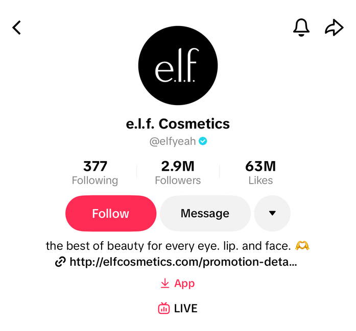 The e.l.f. Cosmetics TikTok account, which features a TikTok link in bio.