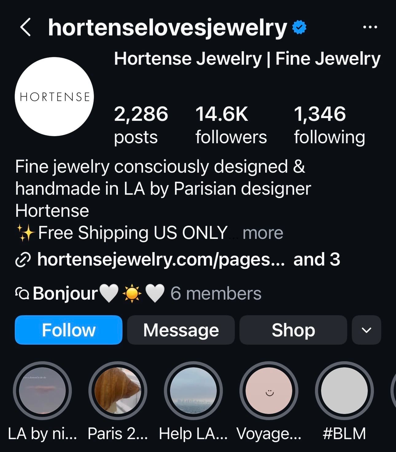 UI of Hortense Jewelry's Instagram bio that has CTA buttons like "Message" and "Shop"