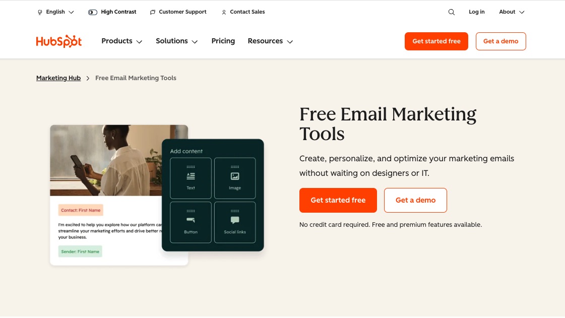 HubSpot's free email marketing tools landing page showcasing its drag-and-drop builder interface for creating, personalizing, and optimizing marketing emails.