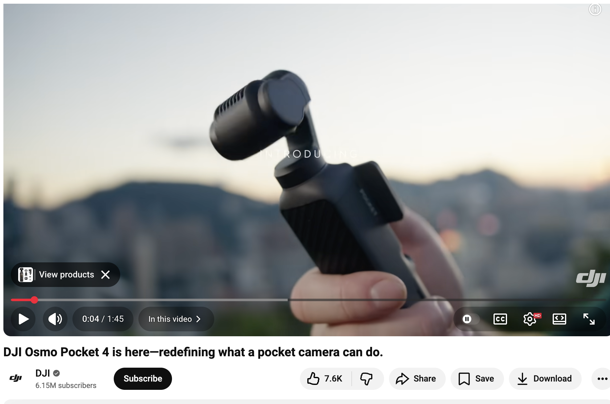 An example of a shoppable video from DJI with the "View products" overlay.