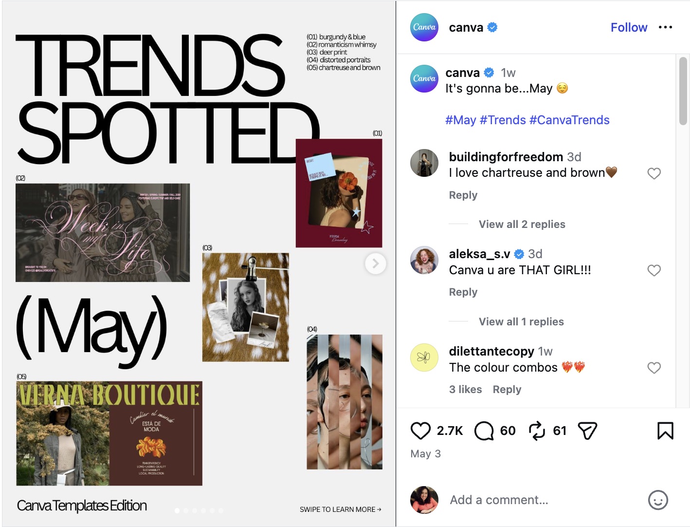 An Instagram carousel post by Canva highlighting five visual design trends spotted for May, including "romanticism whimsy" and specific color combinations.