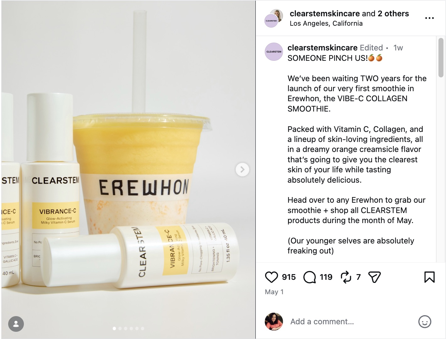 An Instagram carousel post by Clearstem Skincare announcing their new VIBE-C Collagen Smoothie collaboration available at Erewhon locations.