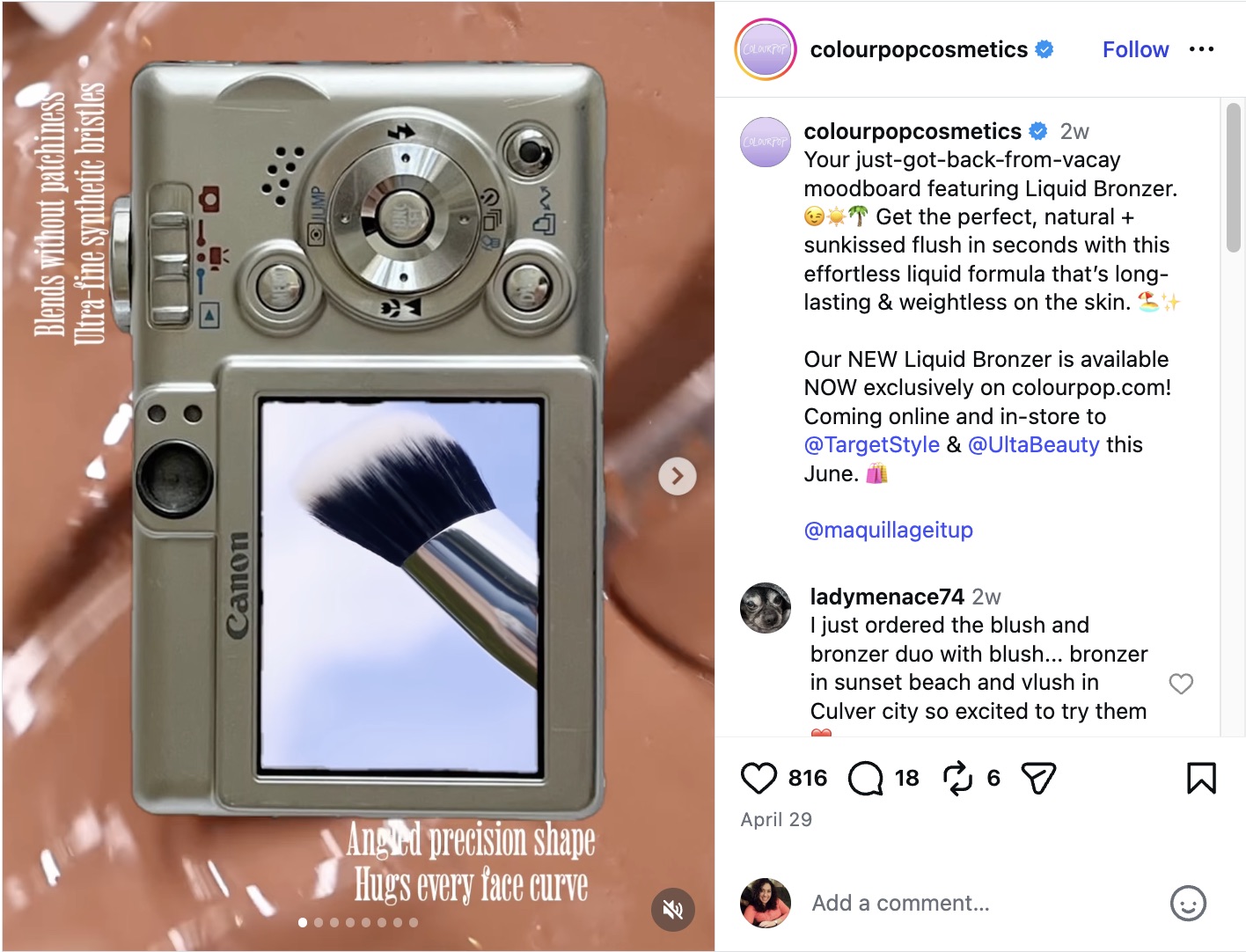An Instagram carousel post by ColourPop Cosmetics promoting a new liquid bronzer, featuring a retro digital camera graphic displaying a makeup brush.