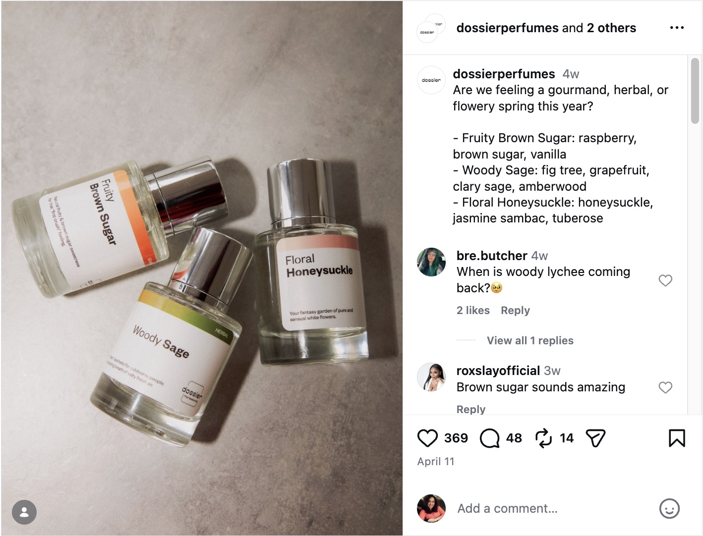 An Instagram carousel post by Dossier Perfumes displaying three perfume bottles and asking followers in the caption to choose between gourmand, herbal, or flowery spring scents.