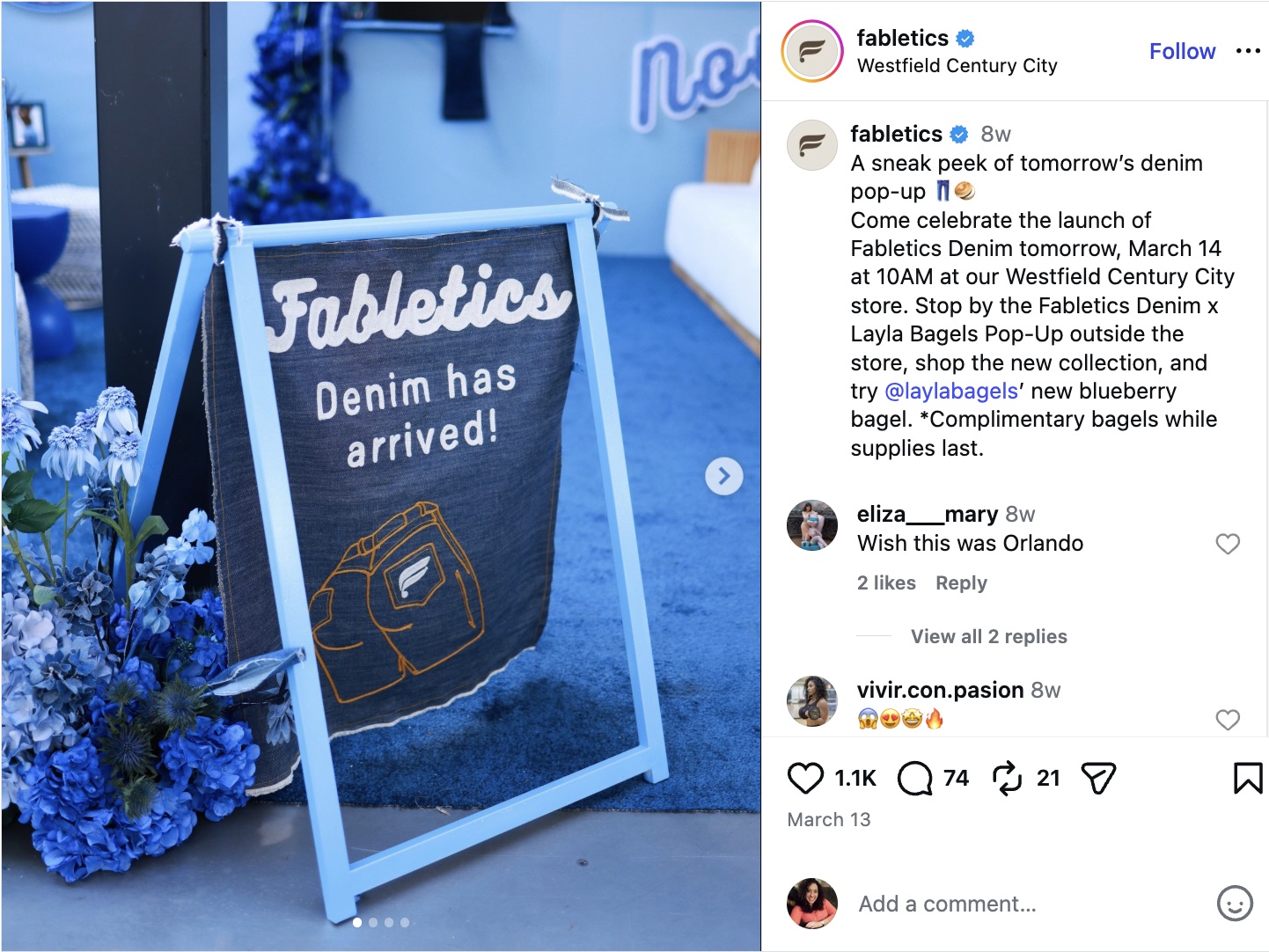An Instagram carousel post by Fabletics showcasing a sign for an upcoming in-store denim pop-up event and product launch at Westfield Century City.