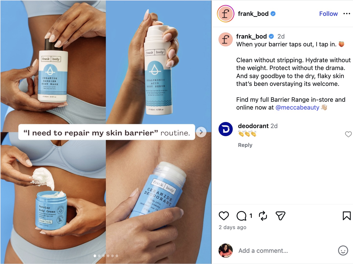 An Instagram carousel post by Frank Body displaying a four-panel grid of skincare products with text outlining a routine to repair the skin barrier.