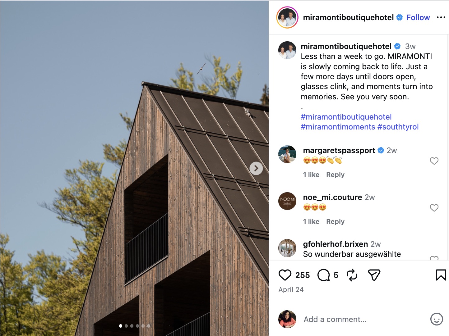 An Instagram carousel post by Miramonti Boutique Hotel showing the exterior of their modern wooden building, with a caption teasing their upcoming reopening.