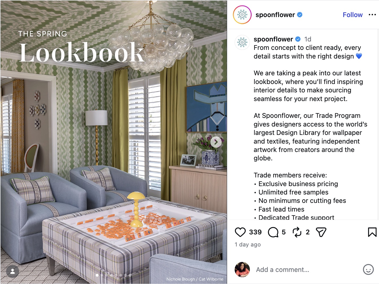 An Instagram carousel post by Spoonflower featuring a stylish living room with green patterned wallpaper, promoting their new Spring Lookbook and Trade Program.