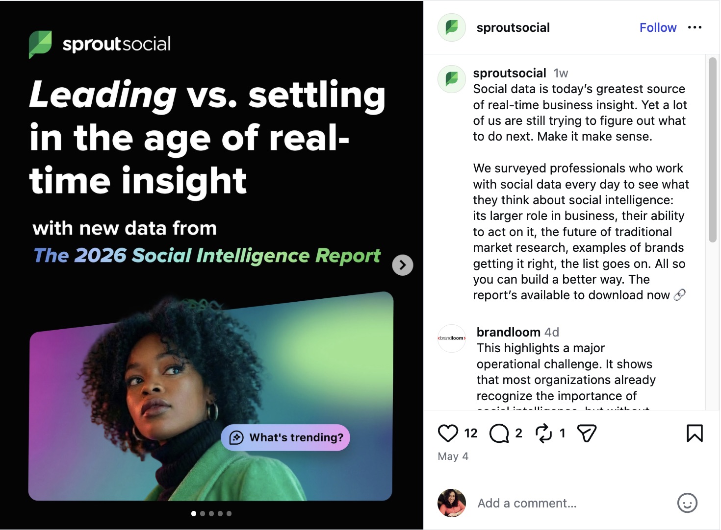 An Instagram carousel post by Sprout Social promoting their 2026 Social Intelligence Report, featuring the headline "Leading vs. settling in the age of real-time insight."