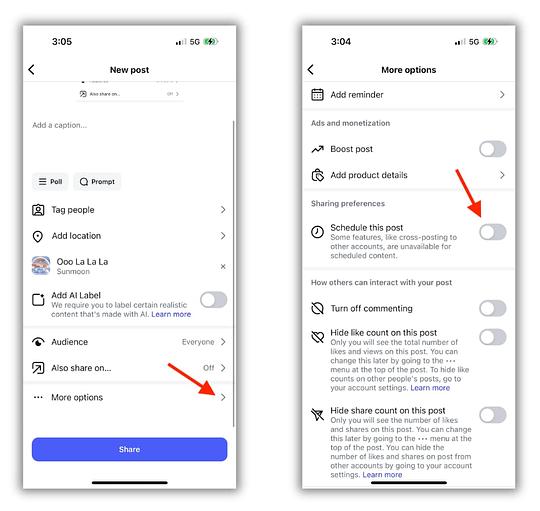 Instagram new post window with an arrow pointing to the "more options" button and a second image showing the options page with an arrow pointing to the "schedule this post" button