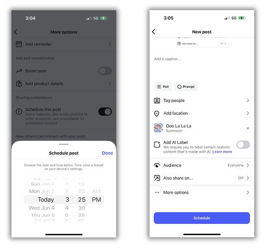 Instagram scheduling page with a menu to select date and time and another image showing the new post creation window with a "Schedule" button at the bottom