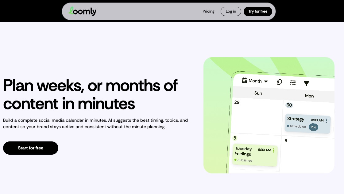 Loomly homepage featuring its social media calendar tool, highlighting the ability to plan and schedule weeks or months of content quickly.