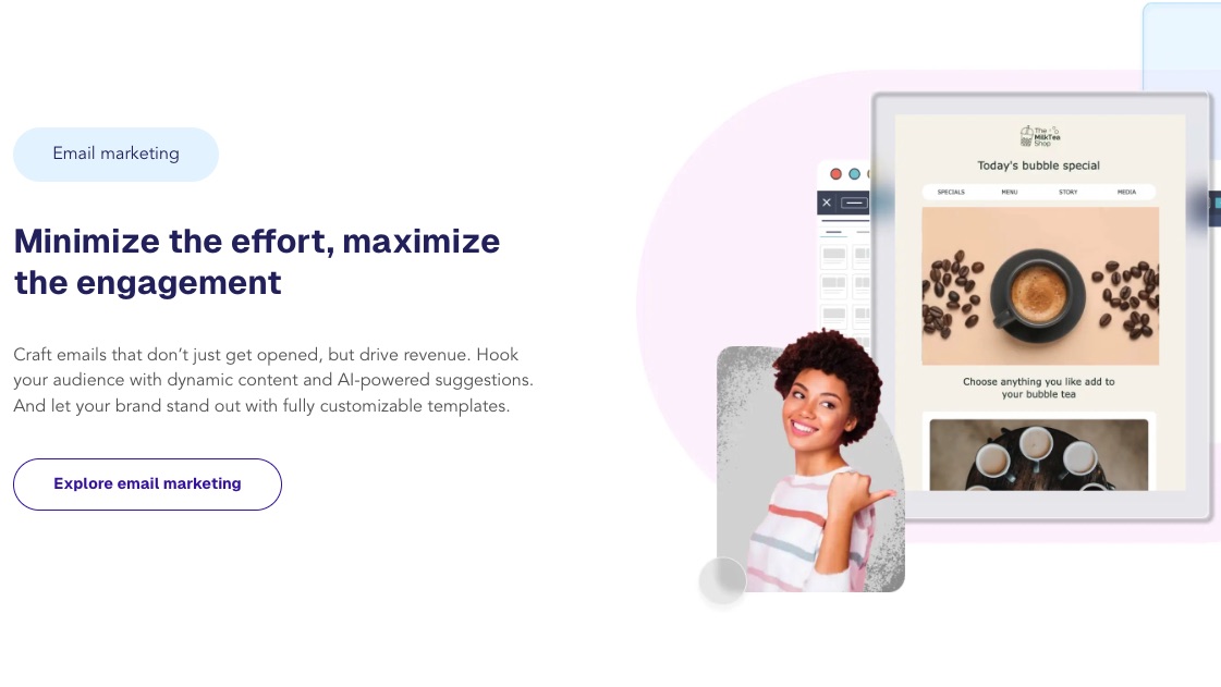 Moosend email marketing homepage demonstrating its platform for crafting dynamic, customizable campaigns, featuring a user-friendly email template builder interface.