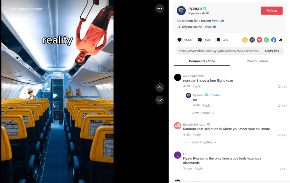 A TikTok post from Ryanair