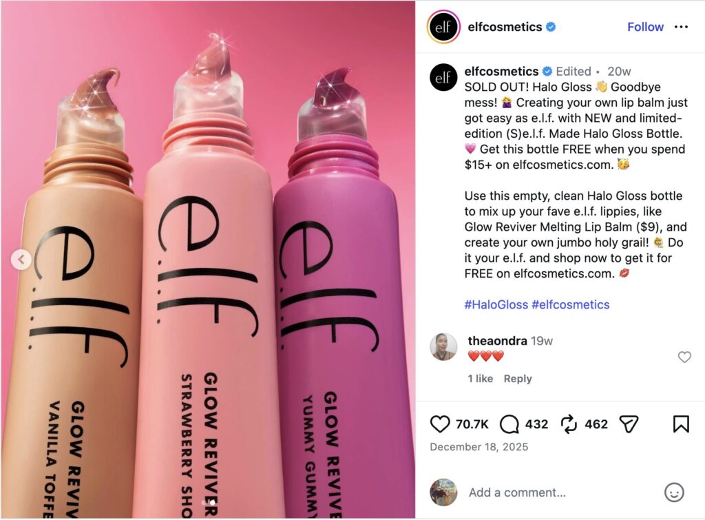 An Instagram post from e.l.f. cosmetics showcasing an example of their sold out (S)e.l.f. Made lip gloss mixing bottles