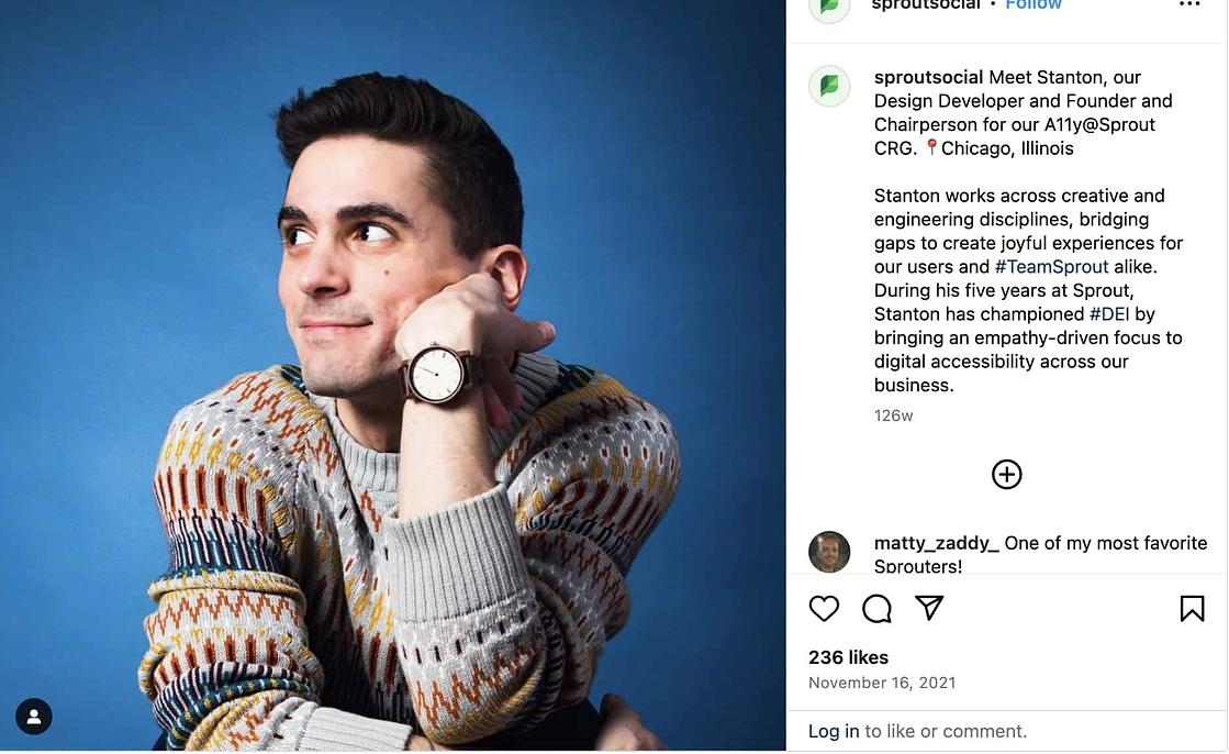 Screenshot and headshot of a Sprout Social employee posted on Instagram.