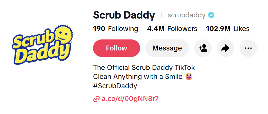The Scrub Daddy TikTok account, featuring a TikTok link in bio.