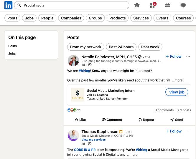 Searching for hashtags on LinkedIn will show you recent posts