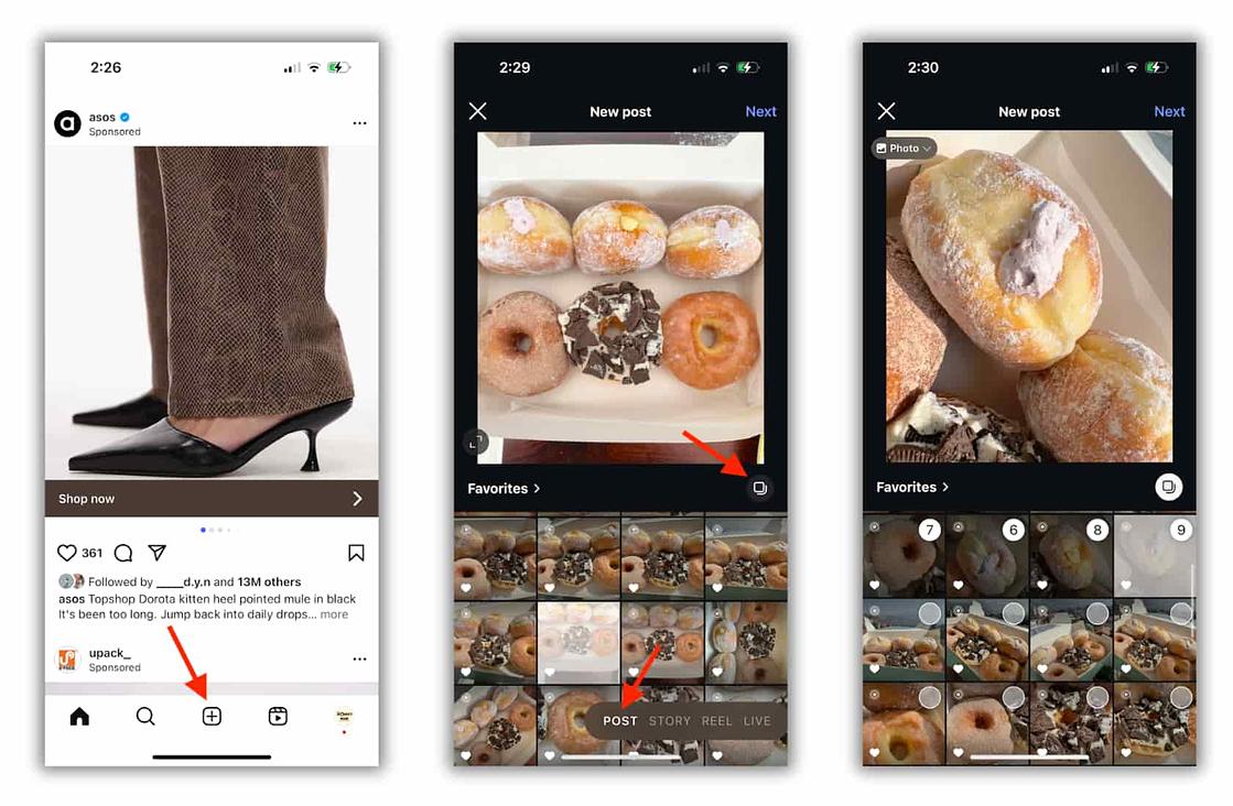 set of 3 images showing the steps to create a new carousel post - the 1st image shows the Instagram homepage with an arrow pointing to the middle plus button, the 2nd image shows the new post creation window with an open camera roll and an arrow pointing to the multiple images button, the 3rd image shows the same window with multiple images selected from the camera roll