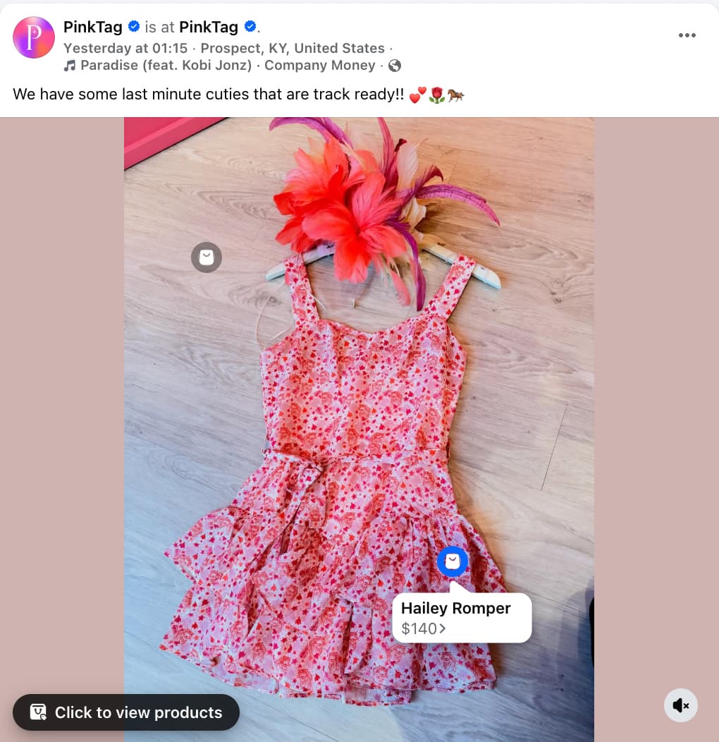 Shoppable post from PinkTag showing a pink dress with a tag saying "Haily Romper $140"