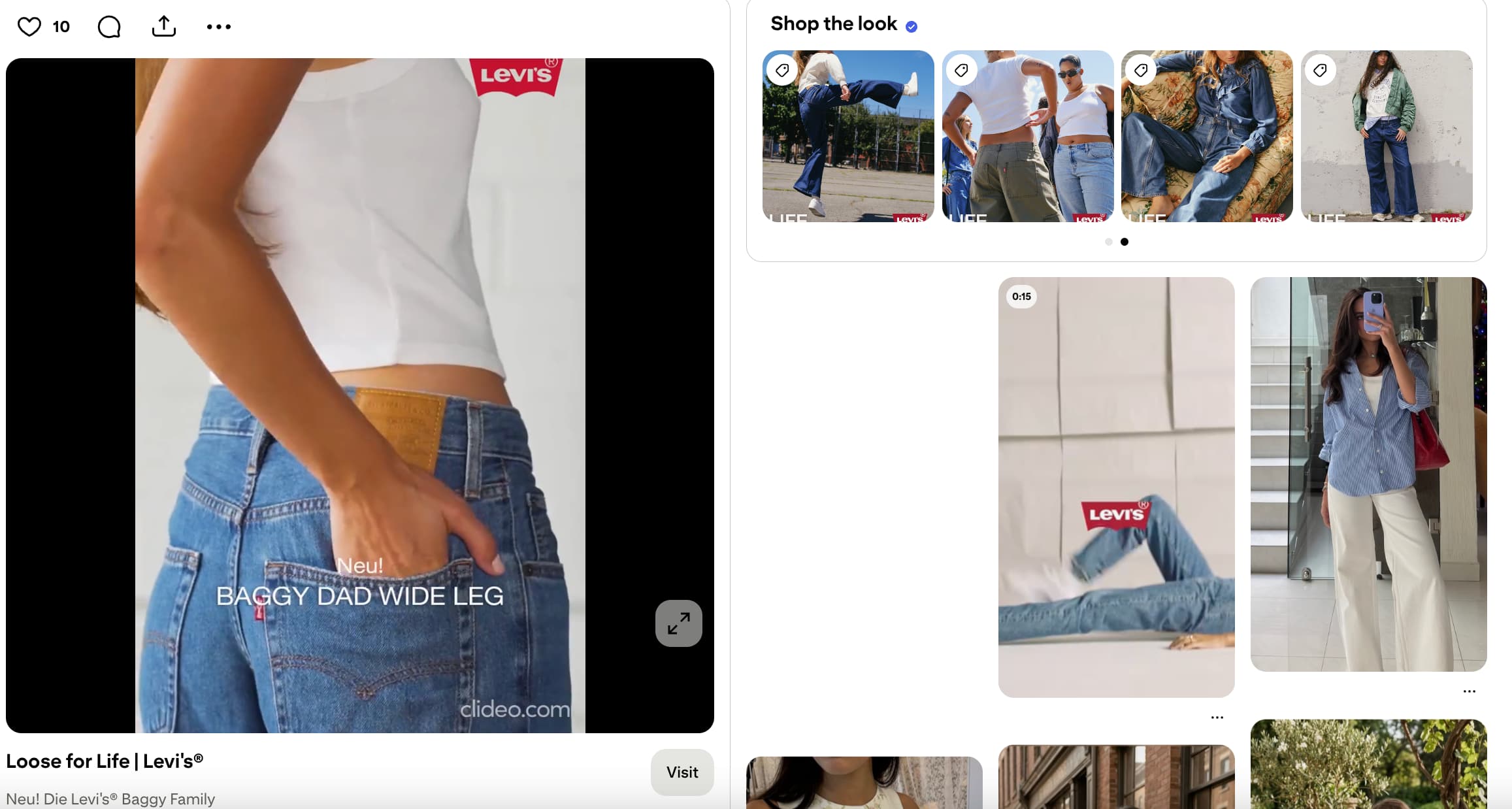 Pin from Levi's showing a woman putting her hand inside the back pocket of her denims and a side panel shows an option to "Shop the look" with various tagged products