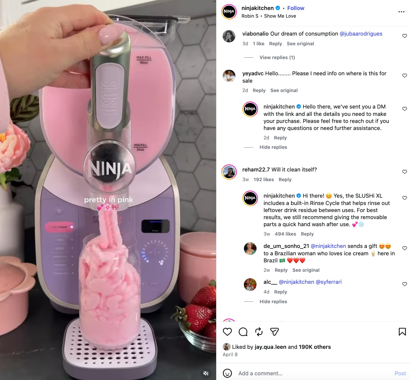 Instagram post by Ninja Kitchen featuring a pink slushie maker and the comments showing people asking questions that the brand promptly answers