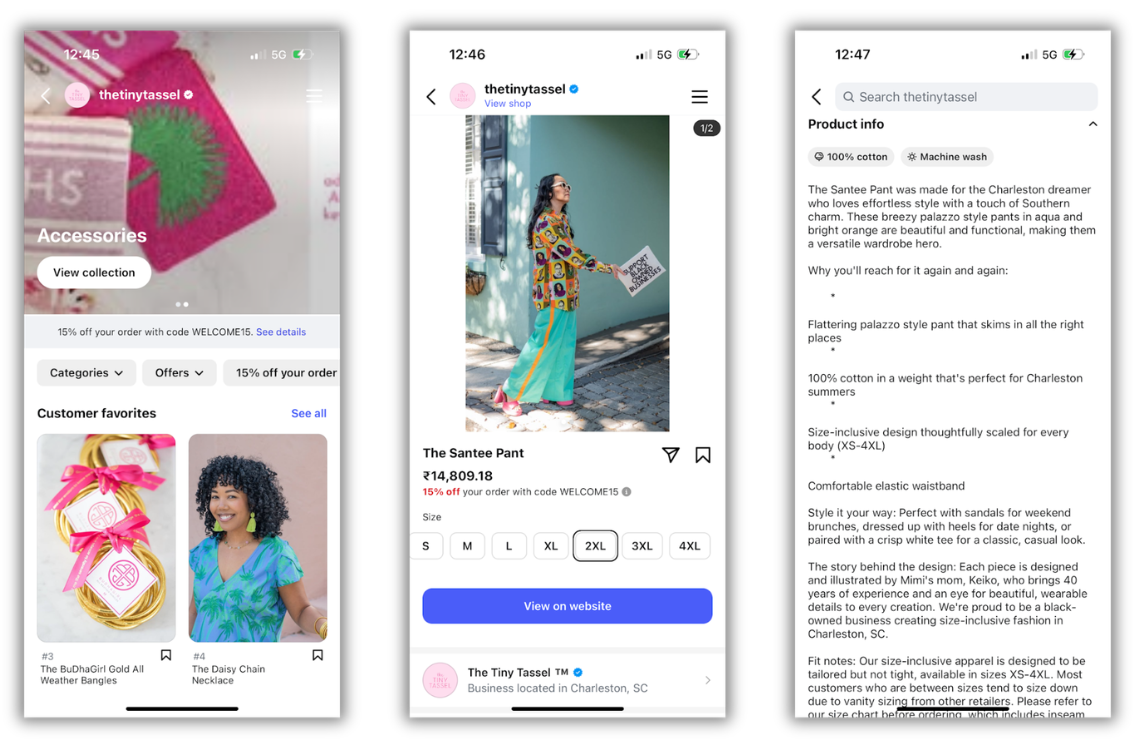 Instagram storefront for The Tiny Tassel highlighting several offers and a product page showing detailed product info