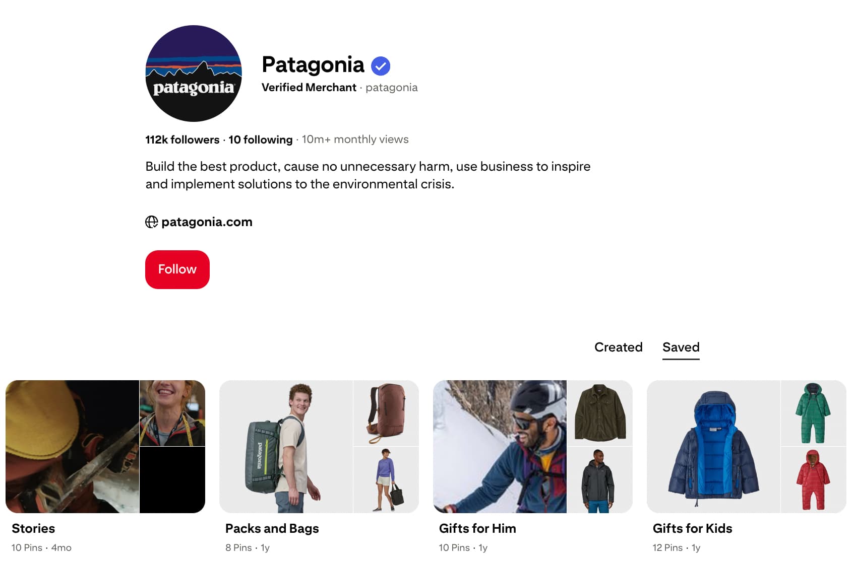 Patagonia Pinterest page showing different products organized into boards
