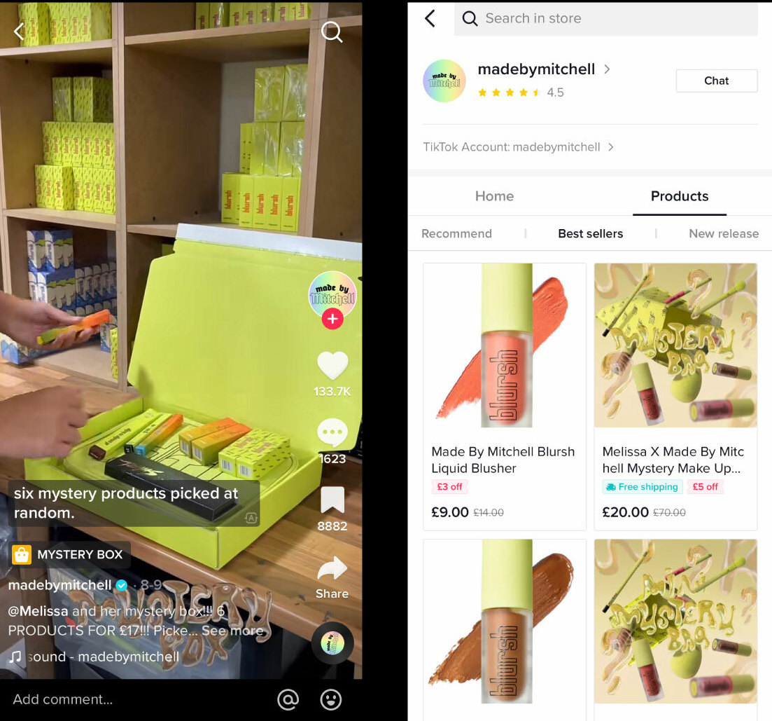 TikTok post by Made by Mitchell featuring someone packing products in a box and a side panel showing various products from the box