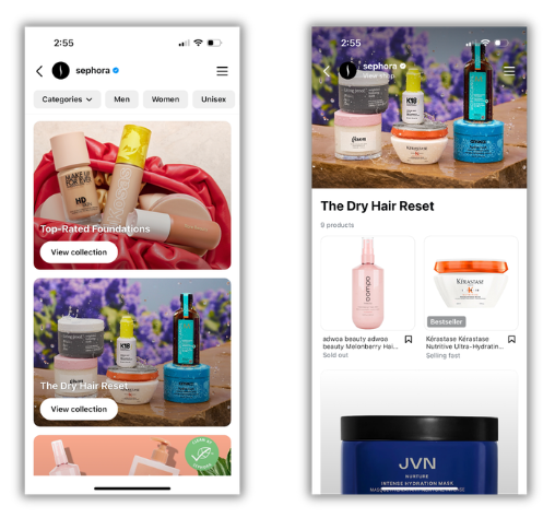 Sephora Instagram storefront showing various product collections like "Top-Rated Foundations" and "The Dry Hair Reset" and an opened tab of The Dry Hair Reset showcasing different products from the collection