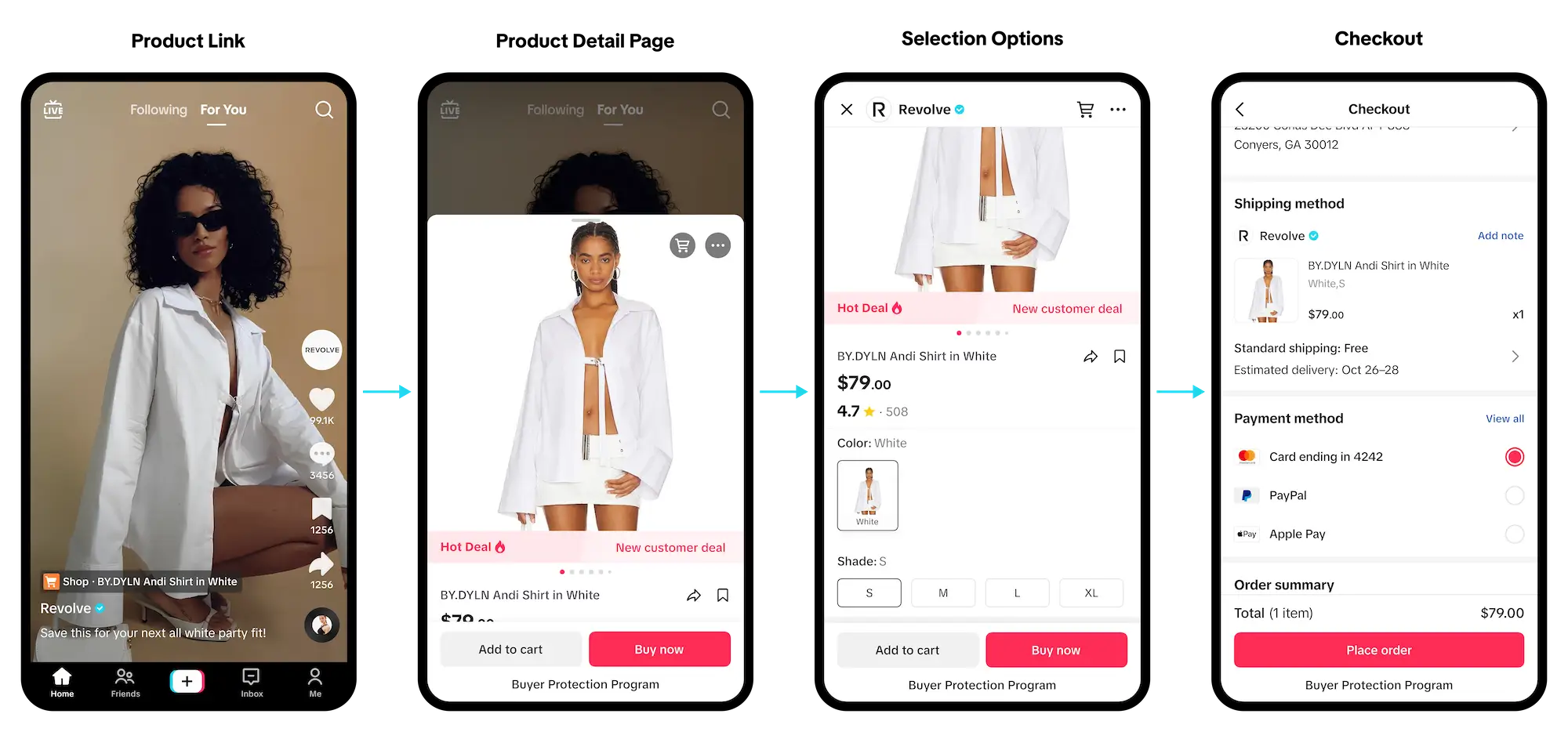 A series of screens showing the process of clicking on a product link on TikTok Shop and checking out the product