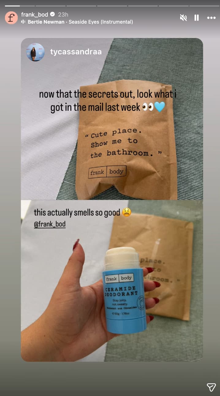 Instagram Story by Frank Body showing a repost of another user's story where they hold a bottle of ceramide deodorant 