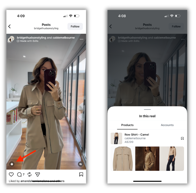 Instagram Reel by Bridget Hudson Styling where she wears a shirt from Cable Melbourne and tags the product in the video, and another screen showing the opened product tag