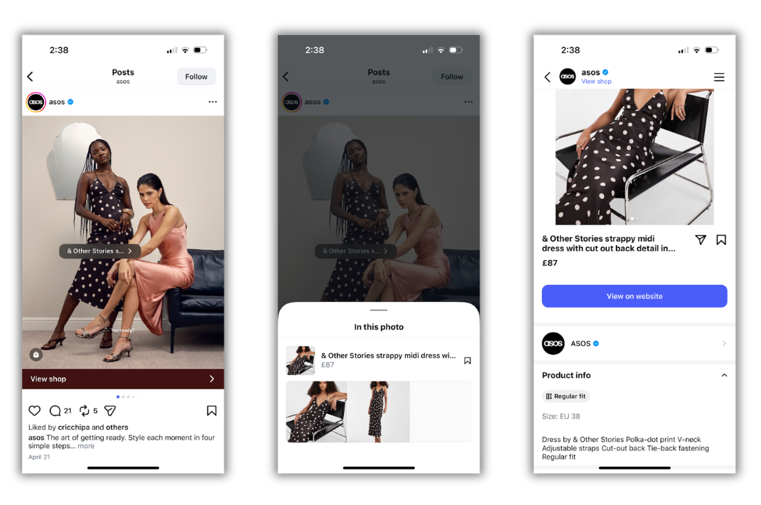 Instagram shoppable post by Asos featuring two women wearing dresses and one of the dresses tagged with product information