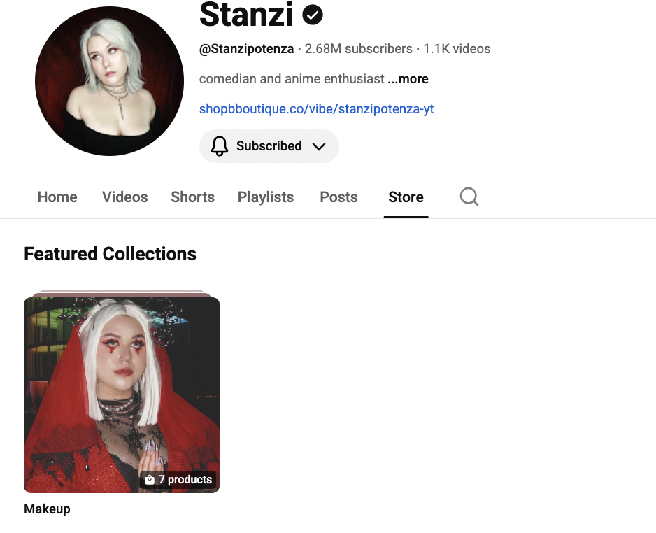 YouTube Store of Stanzi Potenza showing a collection called "Makeup" that features a thumbnail of the creator wearing a red outfit with red makeup