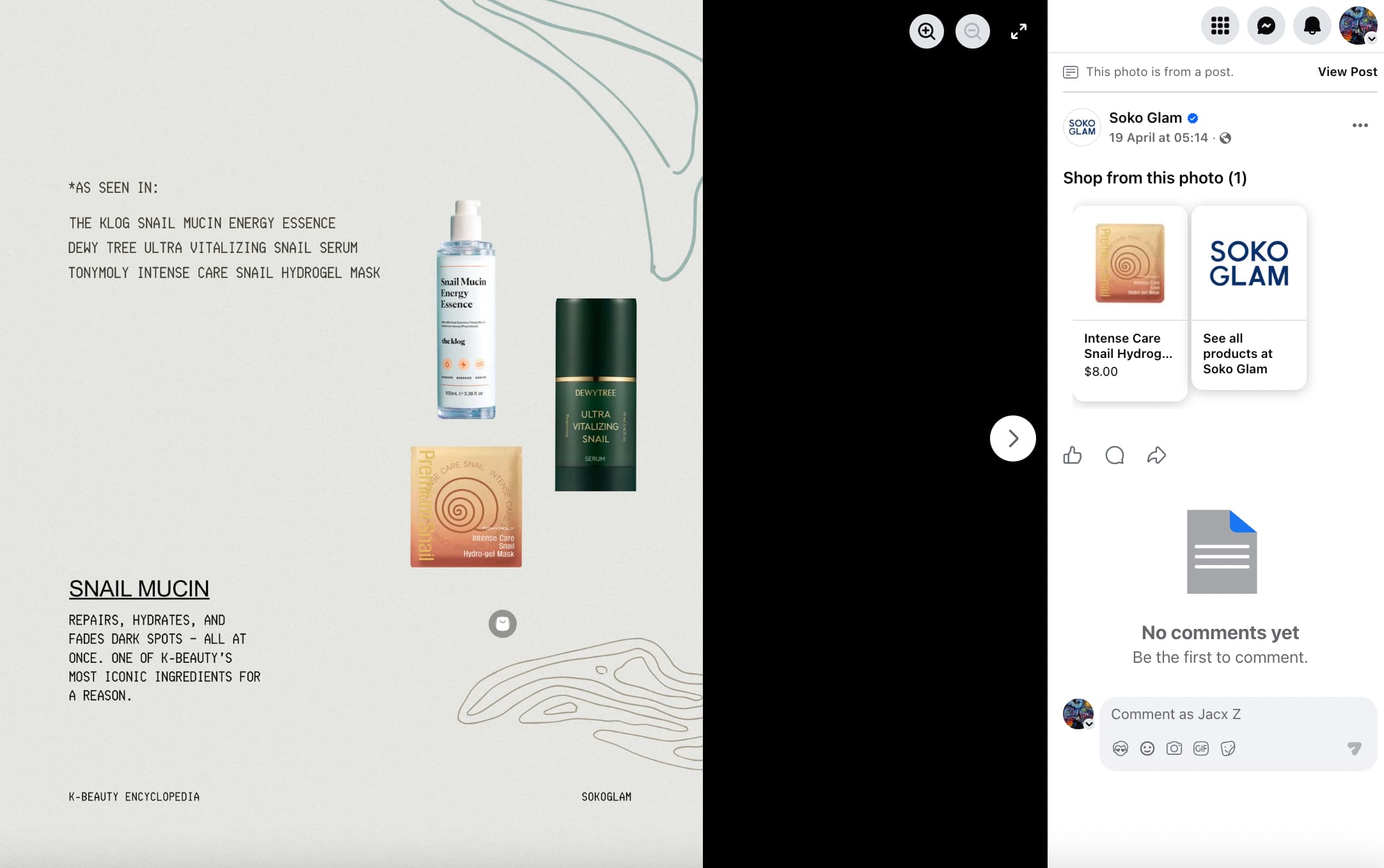 Shoppable Facebook post by Soko Glam featuring Snail Mucin and an option to "Shop from this photo"