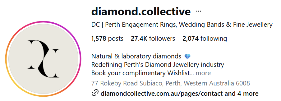 Diamond Collective’s Instagram bio, which features its niche and location in the Name field.