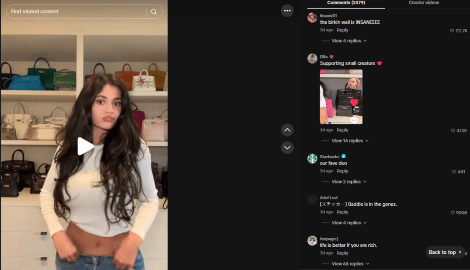 A TikTok post from Kylie Jenner featuring a comment from Starbucks.