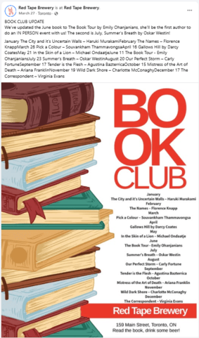 A Facebook post from Red Tape Brewery promoting its monthly book club.