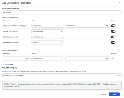 Sprout Social's URL tracking parameters tool.